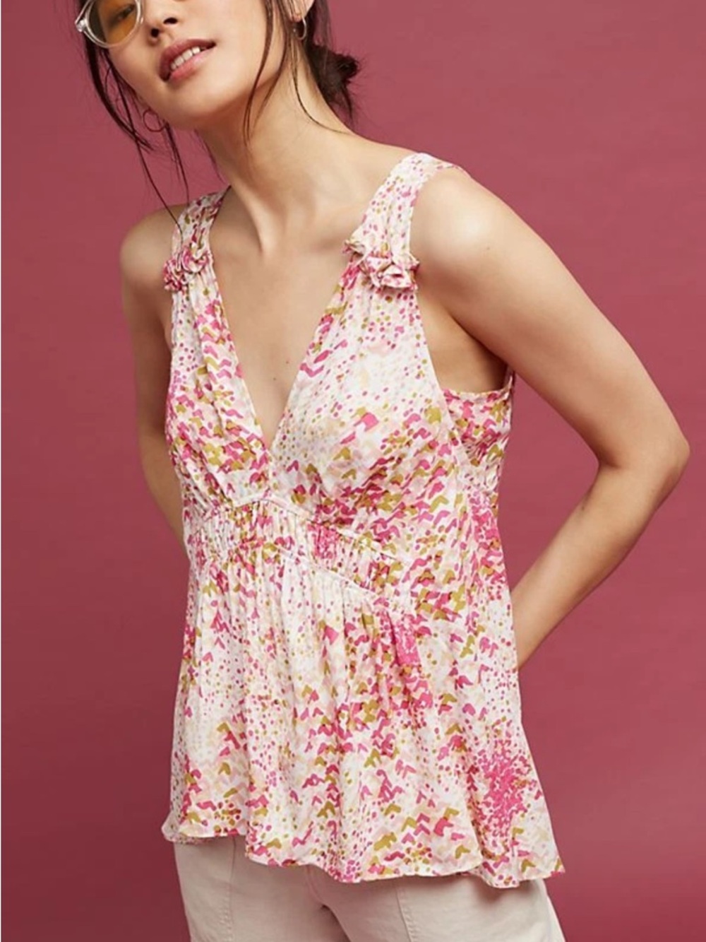 MAEVE Anthropologie Bretta Floral Sleeveless Top Hi-Low Pleated Summer Boho M
